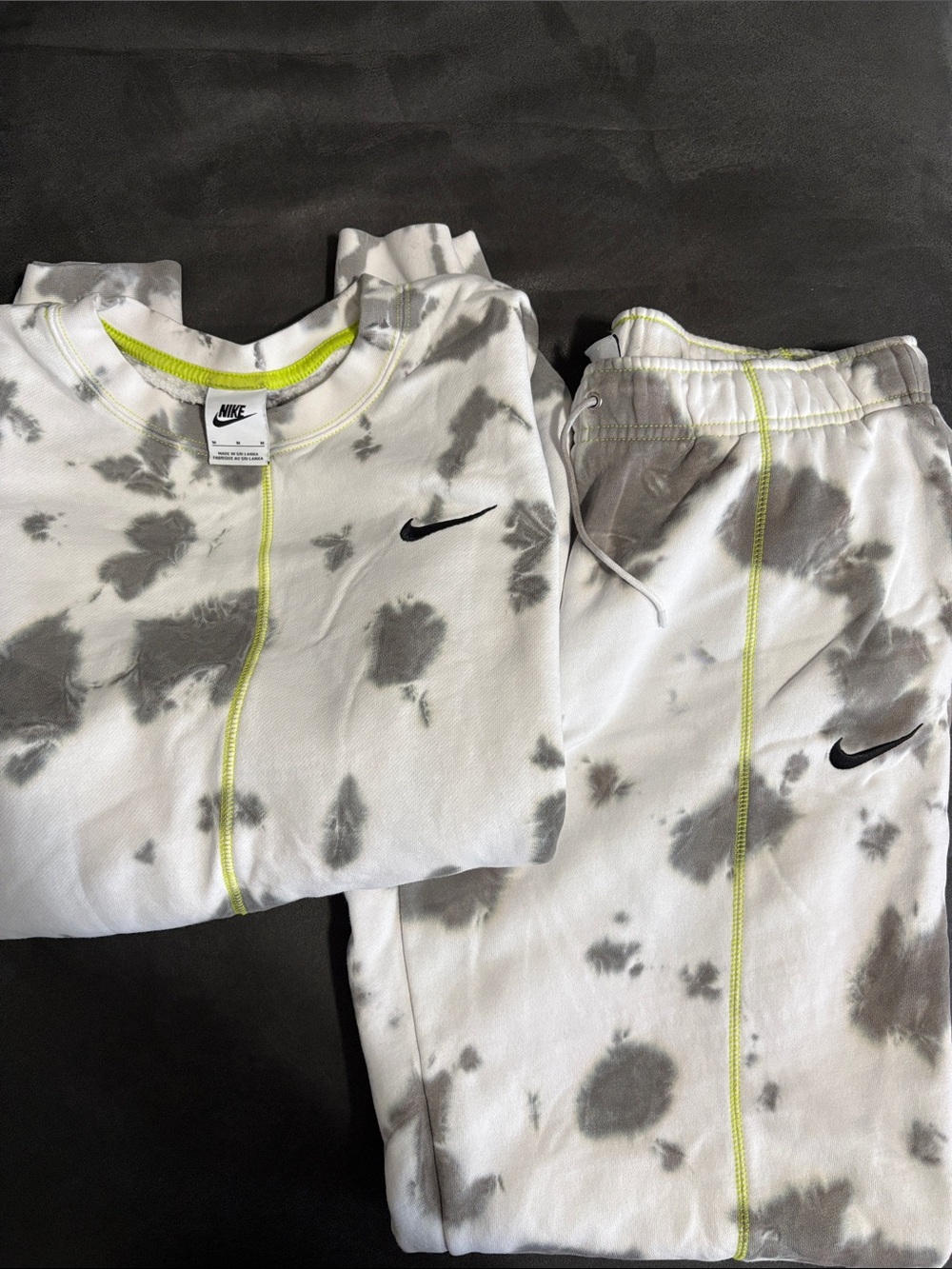 Nike White & Gray Tie-Dye Oversized Sweatshirt and Joggers with Neon Stitching